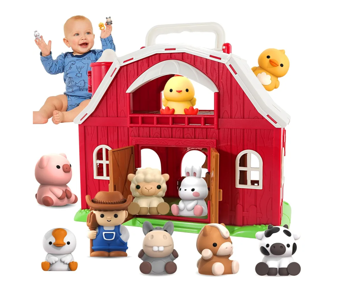 Toys for 1 2 3 Years Old Boys and Girls, Big Barn Playset with Farm Animal, Preschool Montessori Toy, Farm Playset with Big Red Barn & Farmer, Christmas & Birthday Gift Toy for Kids