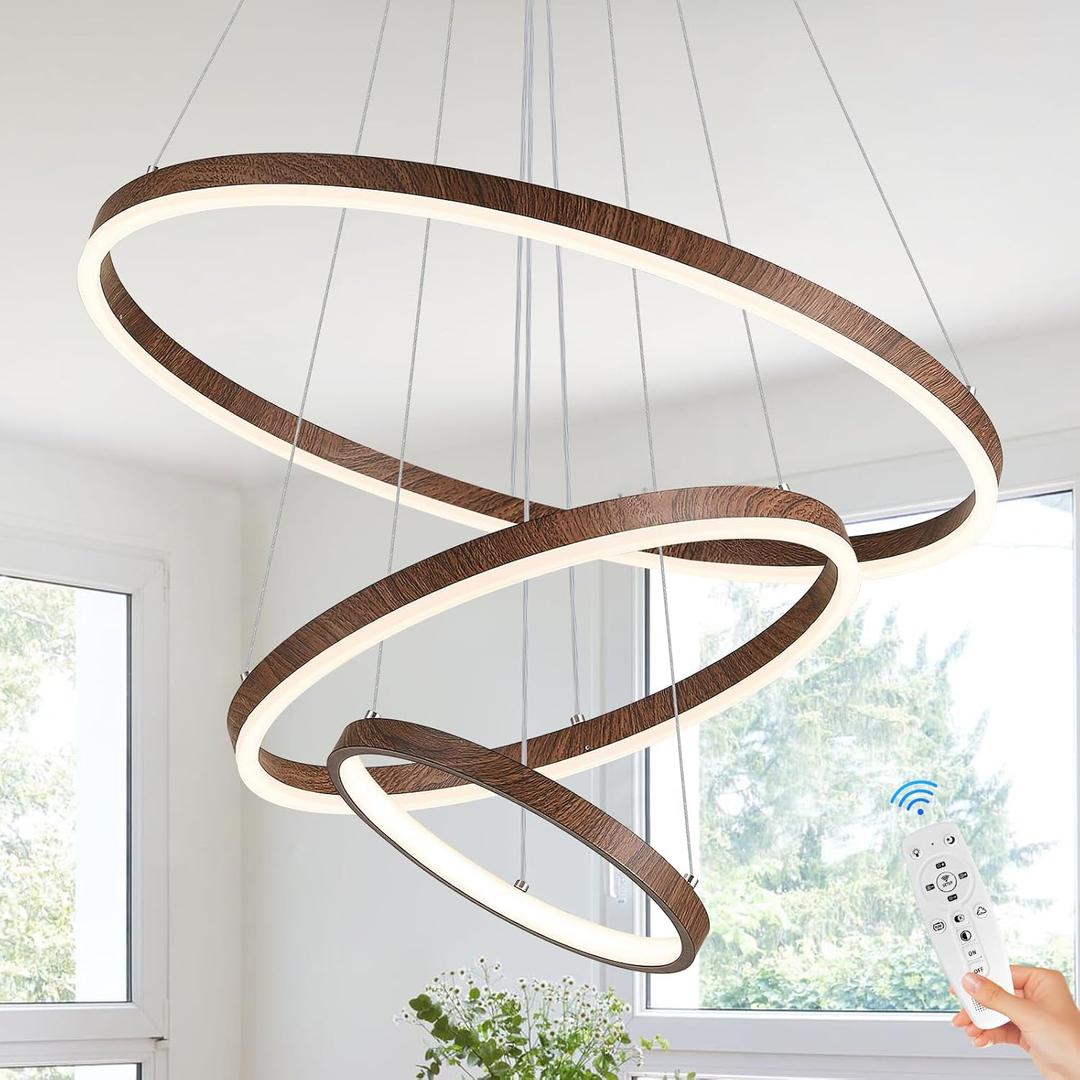3 Ring Chandelier Modern LED Pendant Light for Dining Room Circular Round Chandelier Dimmable with Remote Control Flush Mount High Ceiling Lights for Staircase Entryway, 24 Inches 3000K-6500K