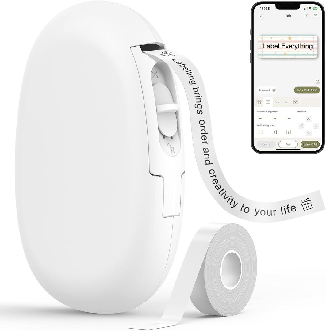 SUPVAN E10 Bluetooth Label Maker Machine with Tape, Continuous Waterproof Label, Versatile App with 35 Fonts and 1k+ Icons, Inkless Labeler for Home, Kitchen, School, Office Organization, White