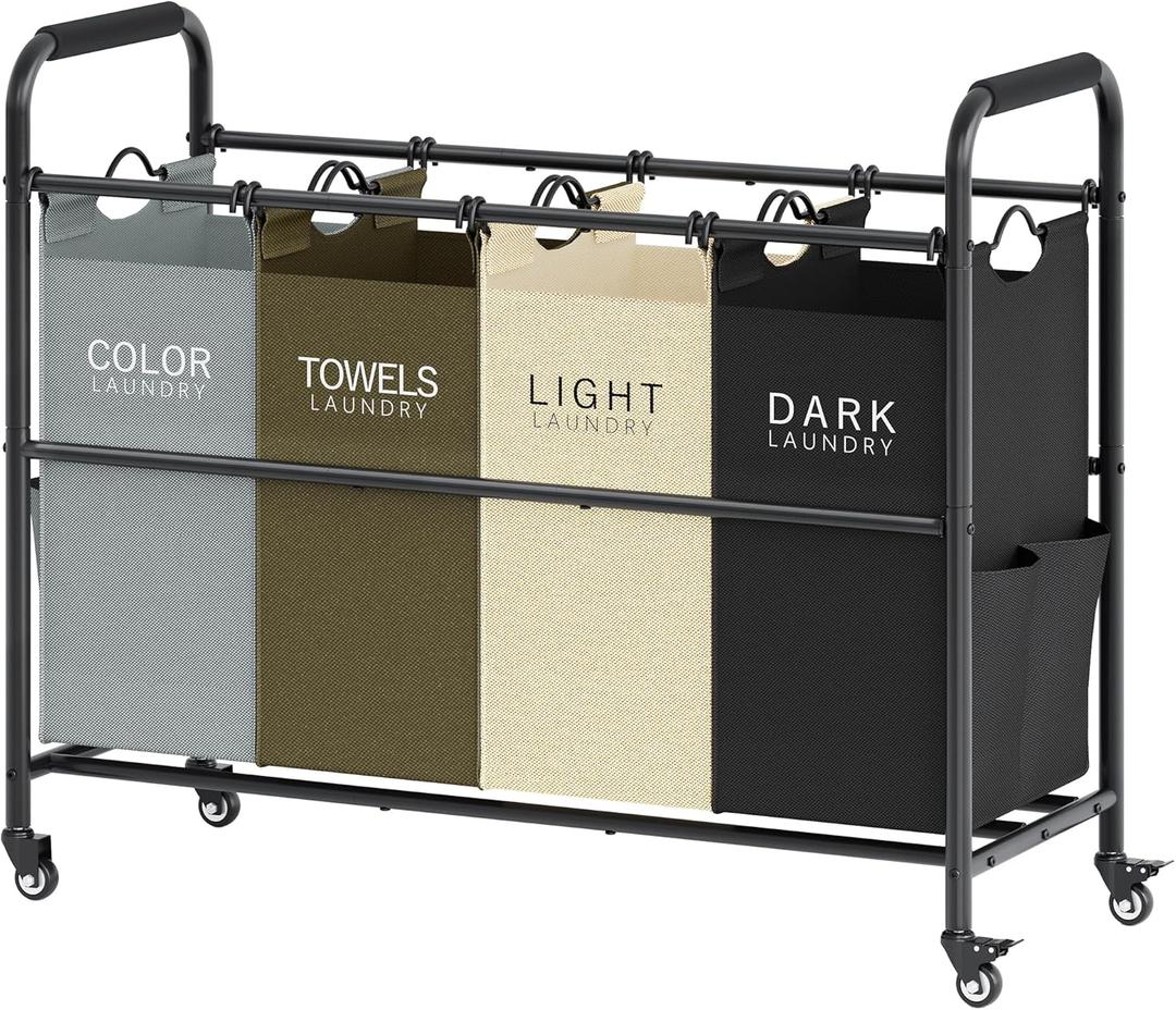Tajsoon 4 Bag Laundry Sorter Cart, 4 Section Laundry Hamper Sorter with Heavy Duty Lockable Rolling Wheels, Laundry Separator Hamper with Removable Bags for Dirty Clothes Storage, 4 Colors (GreyGreenWhiteBlack)