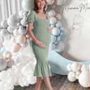 Maternity Summer Midi Bodycon Dresses, Short Puff Sleeve Square Neck Ruffle Hem Mermaid Baby Shower Dress (Green, M)