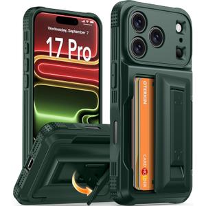 Oterkin for iPhone 17 Pro Wallet Case [4-5 Card Holder] [Kickstand] [RFID Blocking] [Full Camera Protection] [Military Grade Protection] Shockproof Rugged Phone Case for iPhone 17 Pro, Dark Green