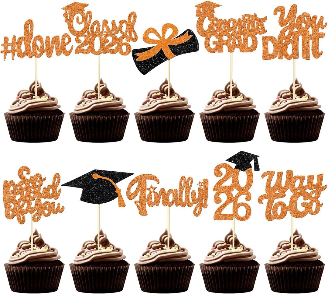 FoldTier Graduation Decorations 2026 100 Pcs Graduation Cupcake Toppers Congrats Grad Class of 2026 Cupcake Picks Toppers Diploma Supplies for Party Decorations(Orange)