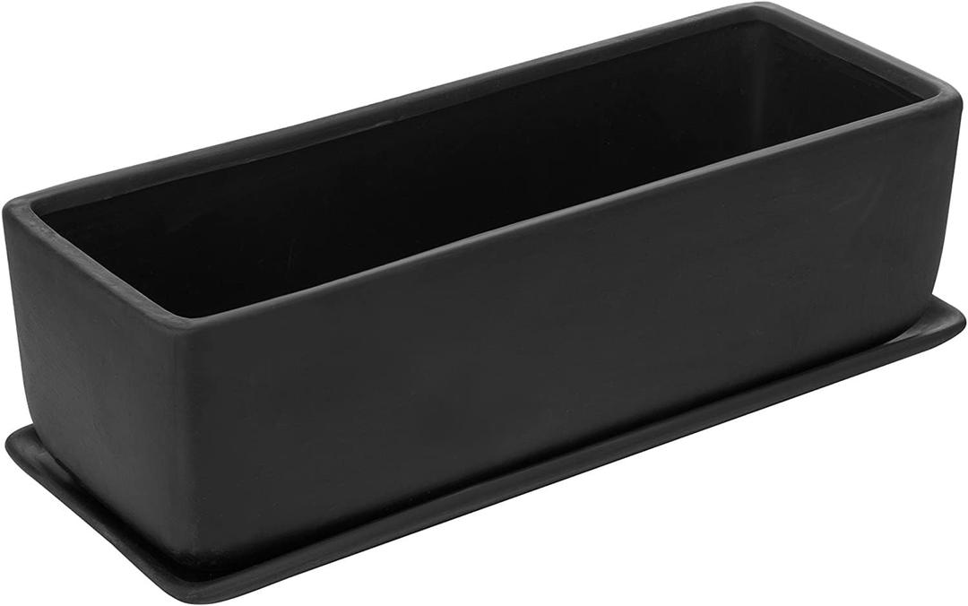MyGift 14 Inch Ceramic Indoor Plant Pot, Rectangular Succulent Planter, Decorative Flower Planter with Drainage Hole and Removable Tray, Matte Black