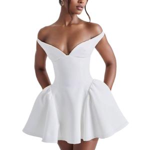Voghtic Women's Sexy Deep V Neck Backless Ruffle Hem Mini Dresses Party Clubwear Pleated A Line Short Dress (White) Large