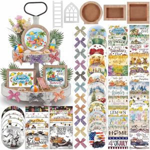 GlikCeil 95 Pcs Interchangeable All Season Tiered Tray Decor Set Farmhouse Holiday Decorations Wooden Frames Ladders with Season Cards Bows for Home Kitchen Valentine Easter Mardi Gras Spring Summer