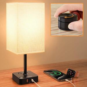 COZOO Bedroom Table Lamp with Remote Operation Control,Dimmable Bedside Table Desk Lamp with USB C+A Charging Ports 2 AC Outlets,Nightstand Lamp White Shade Lamp for Living Room,Dorm,Home Office,Decor (5.3"D x 5.3"W x 13.66"H)