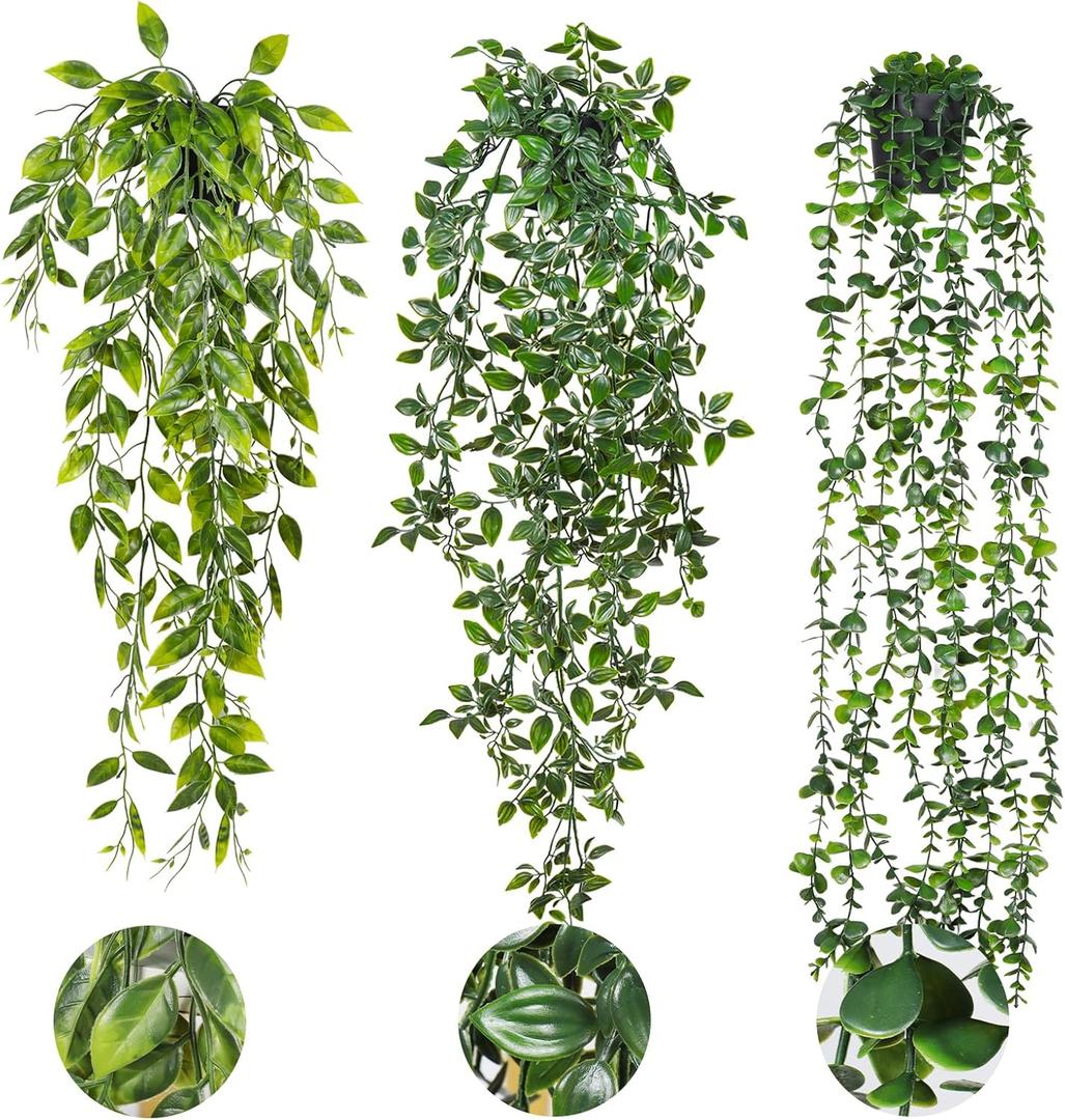 RECUTMS Fake Hanging Plants with Pots 3 Pack Artificial Ivy Vine Fake Potted Plants Faux Eucalyptus Plants Mandala Ivy Vine Leaves Pea Pod for Spring Home Room Shelf Wall Indoor Outdoor Decor