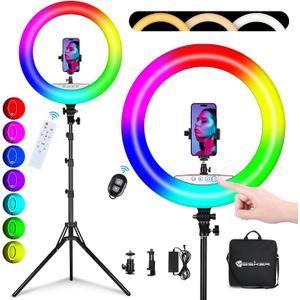 Yesker Ring Light with Tripod Stand and Phone Holder 18 Inch RGB Ringlight 25 RGB Modes Bi-Color Adjustable 27007000K LED Selfie Halo Light Kit for Live Stream Photography Zoom Makeup Youtobe Tiktok