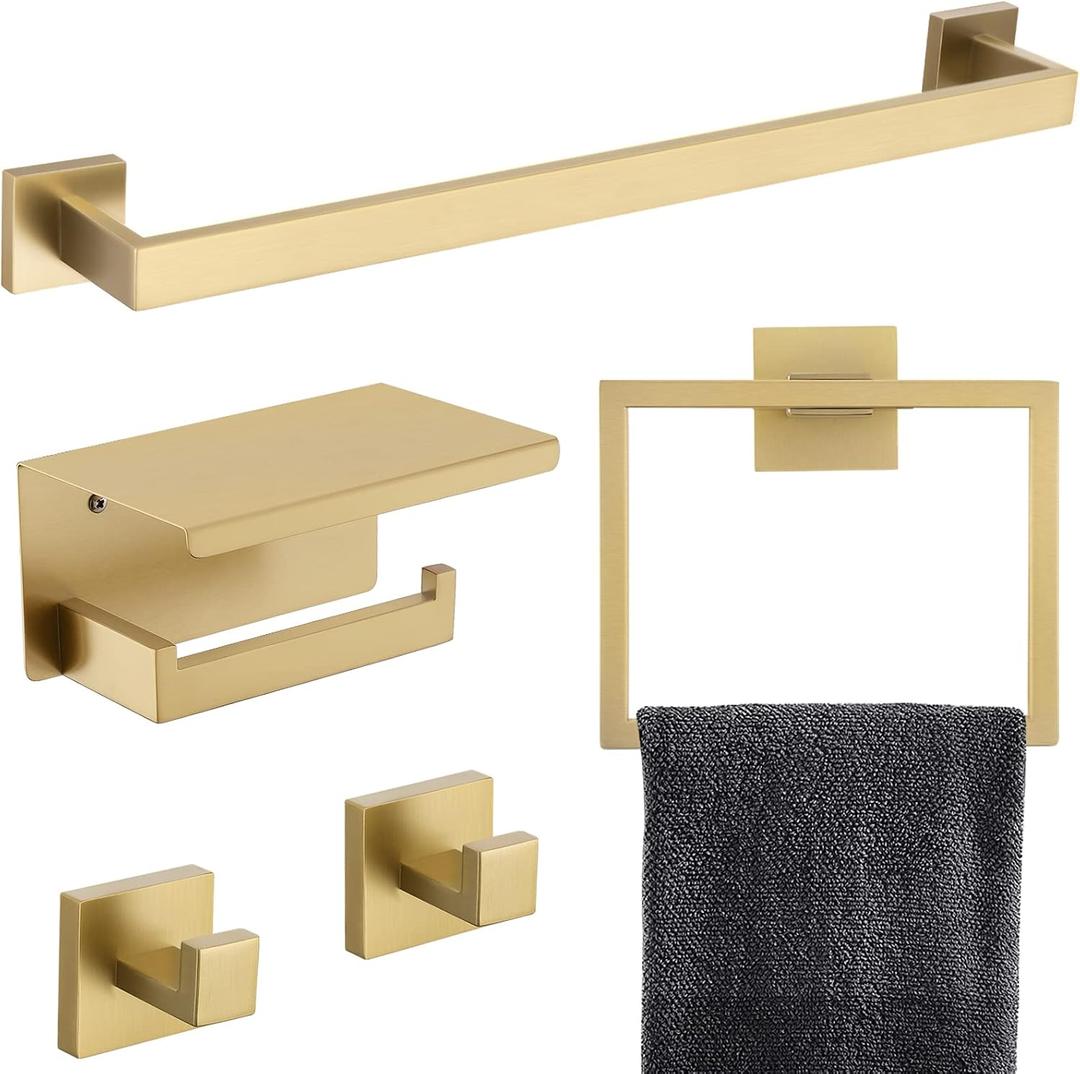 TNOMS 5-Piece Bathroom Hardware Set 23.6 Inch Gold Towel Bar Set Towel Bar Towel Ring Coat Hook and Toilet Paper Holder with Shelf Wall Mounted Stainless Steel Bathroom Accessories Set