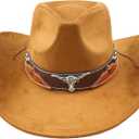 Carnavalife Cowboy Hat for Women Men with Wide Brim Western set with black bandana for Cowboys and Cowgirls (Brown)