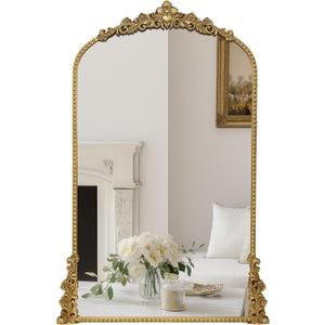 Vintage Arched Mirror, 24"x 42"Antique Baroque Mirror Style Metal Beaded Frame for Entryway Hallway Living Room,Vintage Gold
