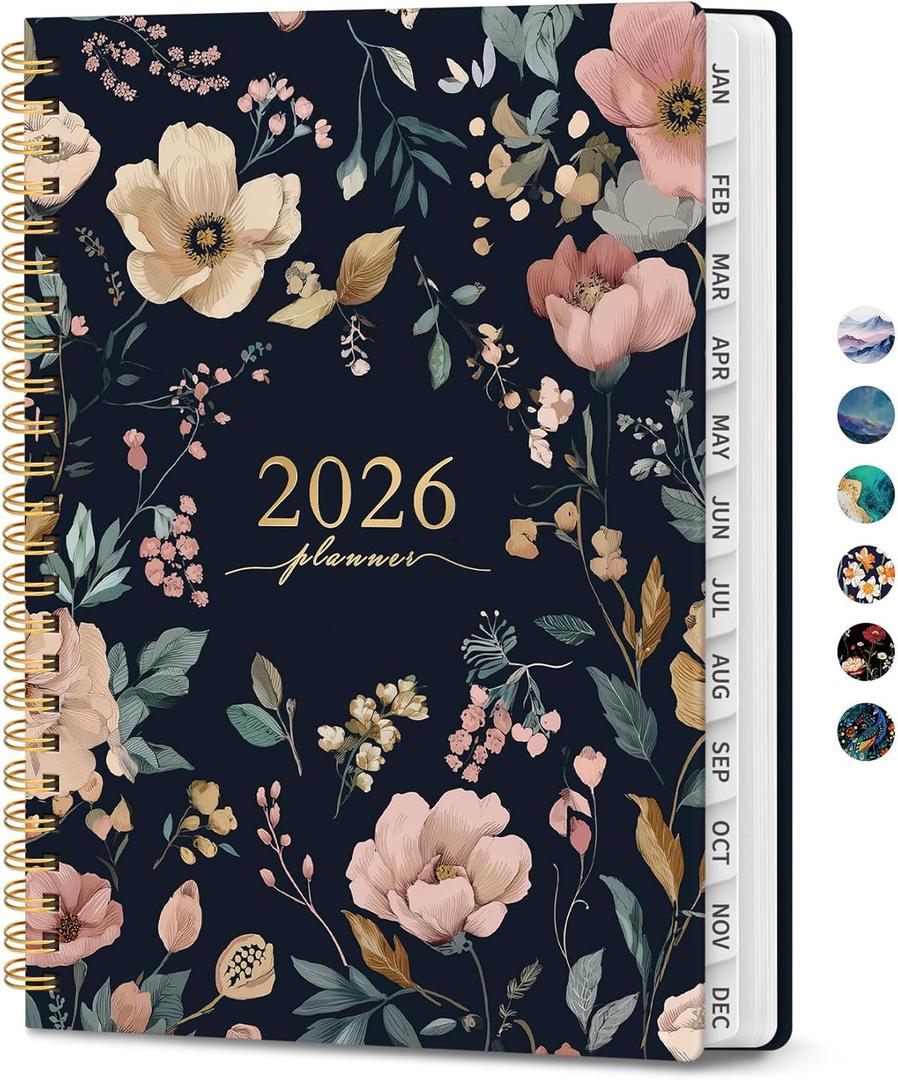 2026 Planner, Monthly and Weekly Calendar Planner for Women, Jan 2026 - Dec 2026, Hardcover Pretty 2026 Agenda Planner Book with Tabs, Spiral Bound, Perfect for School Office Home Supplies, 8.5" x 11" - Evening Petals
