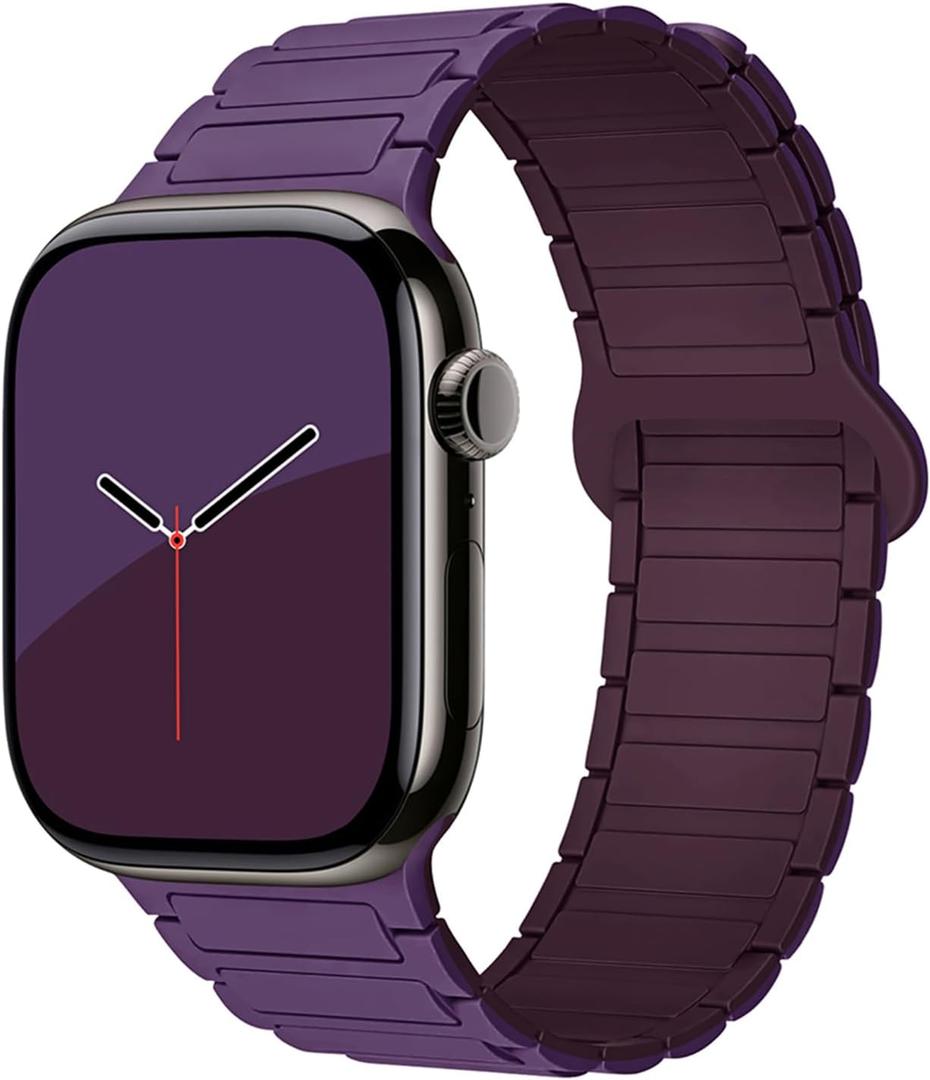 Magnetic Silicone Compatible with Apple Watch Band Ultra 2 Ultra 49mm 46mm 45mm 44mm 42mm 41mm 38mm for Woen men, Magnetic Silicone Soft Adjustable Wristband Replacement Strap for iWatch Series 10 9 8 7 6 5 4 3 2 1 SE (Plum/Berry Purple, 44/45/46/49/42mm(Series 3 2 1))