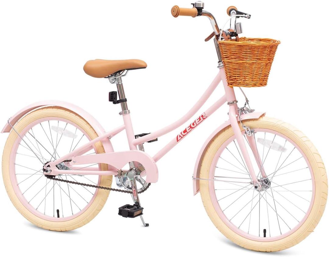 ACEGER Retro Princess Kids Bike with Basket for 3-12 Years Old Girls, Included Coaster Brake & Caliper Brake, 14 16 18 Inch with Training Wheels, 20 Inch with Kickstand, Vintage Bicycle for Gifts, Pink, 14 Inch With Training Wheels