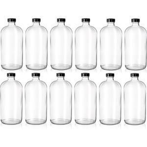 Kitchentoolz Set of 10 Clear 32oz Boston Round Glass Bottles with Black Caps – Airtight Poly-Cone Sealed Bottles for Kombucha, Kefir, Beer, Fermentation, and Storage