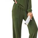 Ekouaer Lounge Sets for Women Ribbed Knit Pajama Sets 2 Piece Long Sleeve Pjs Soft Loungewear Outfits with Pockets (XX-Large, Army Green)