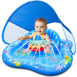 iGeeKid Baby Play Mat with Sprinkler, Inflatable Baby Pool Float with Canopy Backrest & Stackable Rings Water Sprinkler for Kids, Outdoor Water Play Toys for Toddlers Backyard Swimming Water Games (32 x 32 x 26 Inch)