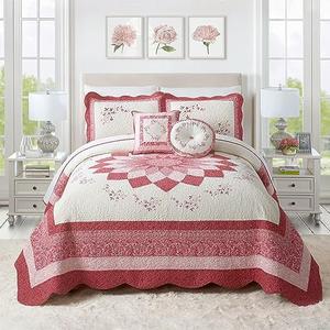 MODERN HEIRLOOM Caroline Embroidered Quilted Bedspread - Lightweight Breathable All Seasons Floral Bedding, Full Size, Red