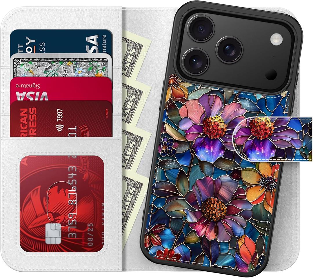 LUHOURI for iPhone 17 Pro Case Wallet - Wireless Charging Compatible Detachable Flip Folio Leather Cover - RFID Blocking 4 Card Slots - Protective Phone Case for Women - Vibrant Defined Blossoms