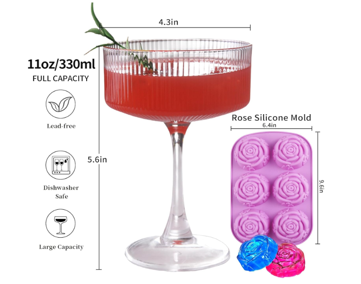 11oz Large Vintage Coupe Glasses Set of 6, Ribbed Cocktail Glasses,Classic Espresso Martini Glasses,Margarita and Champagne Glasses for Bar,Wine,Dessert,Cocktail Glassware Gift Set