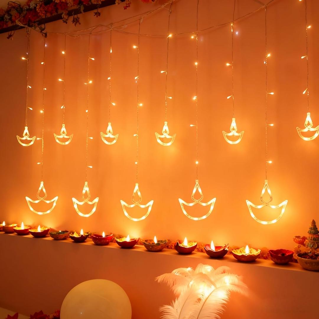 KYMY Diwali Curtain String Lights, Happy Diwali Indian Window String Night Lights, Diyas Shaped Lamps Decorations for Diwali Wedding Party Wall Window Fence Party Decor Indoor Outdoor