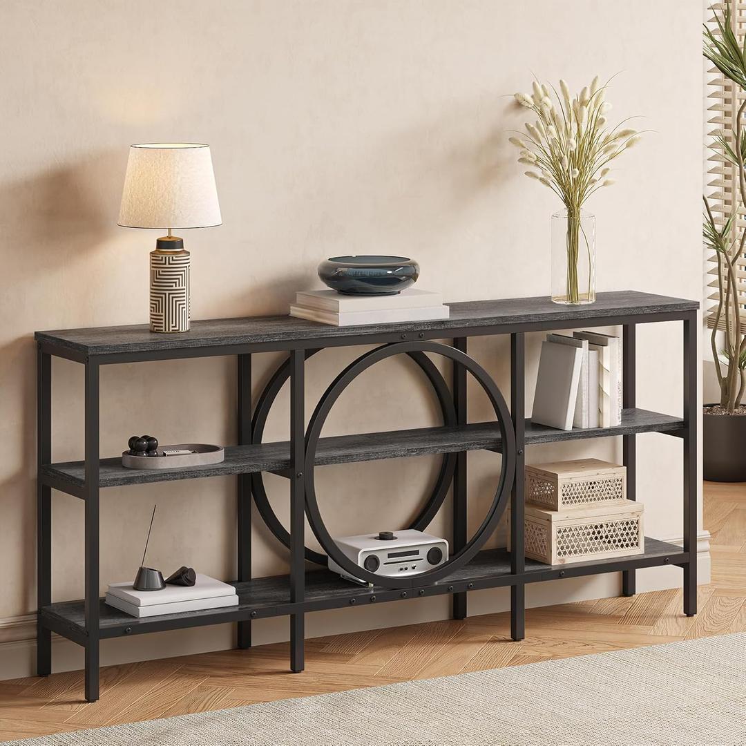 Tarnorci Long Console Table, 66.9 inch Wood Narrow Sofa Tables 3 Tier Couch Table Behind Sofa Industrial Grey Hallway Table Long Entryway Tables for Living Room, Foyer (Grey Oak+Black)