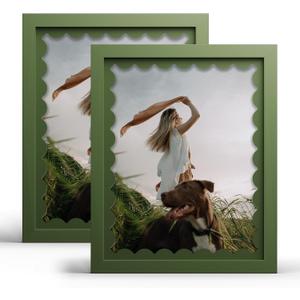iRahmen 8x10 Picture Frame Set of 2, Green Scalloped Wooden Photo Frames with Wavy Mat, Tempered Glass, for Tabletop Display or Wall Mount, Decorative Home Decor
