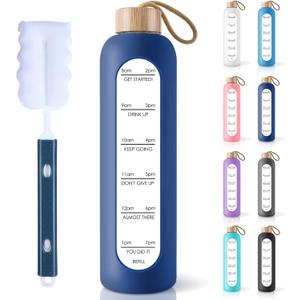 PROBTTL Borosilicate Glass Water Bottle with Time Marker Reminder Quotes, 1 Liter Leak Proof Reusable BPA Free Motivational Water Bottles with Silicone Sleeve and Bamboo Lid (32 Ounces, Navy Blue)