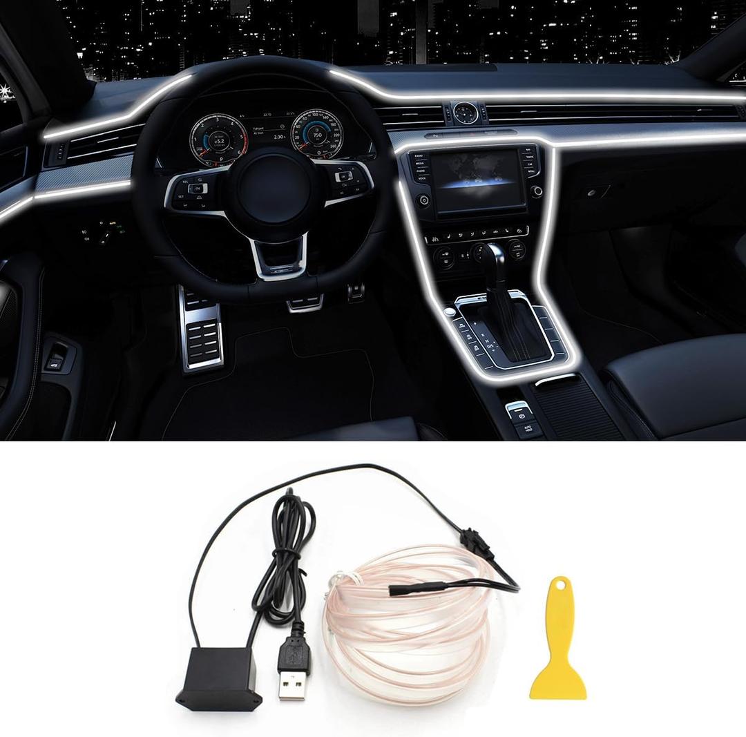 EL Wire Interior Car LED Strip Lights, 16.5FT USB Neon Glowing Strobing Electroluminescent Wire Lights with 6mm Sewing Edge, Ambient Lighting Kits for Car Indoor Decoration (White)