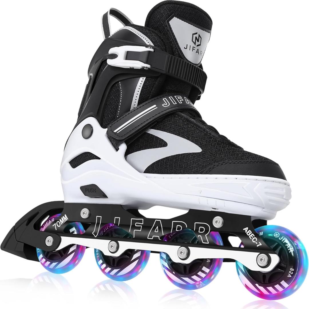 JIFAR Adjustable Inline Skates for Kids, Teens and Adults, Light Up Wheels Roller Blades for Boys Girls Women and Men, Outdoor Inline Skates (Large -Youth/ Adult, White)