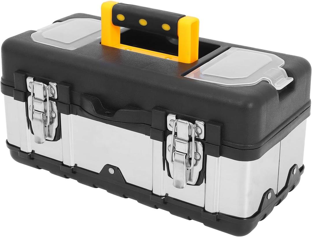 Stainless Steel Portable Tool Box with Double-layer Thickened Design, Lockable Handheld Tools Organizer Suitable for Workshop and Travel, 19-inch Sturdy Storage Case
