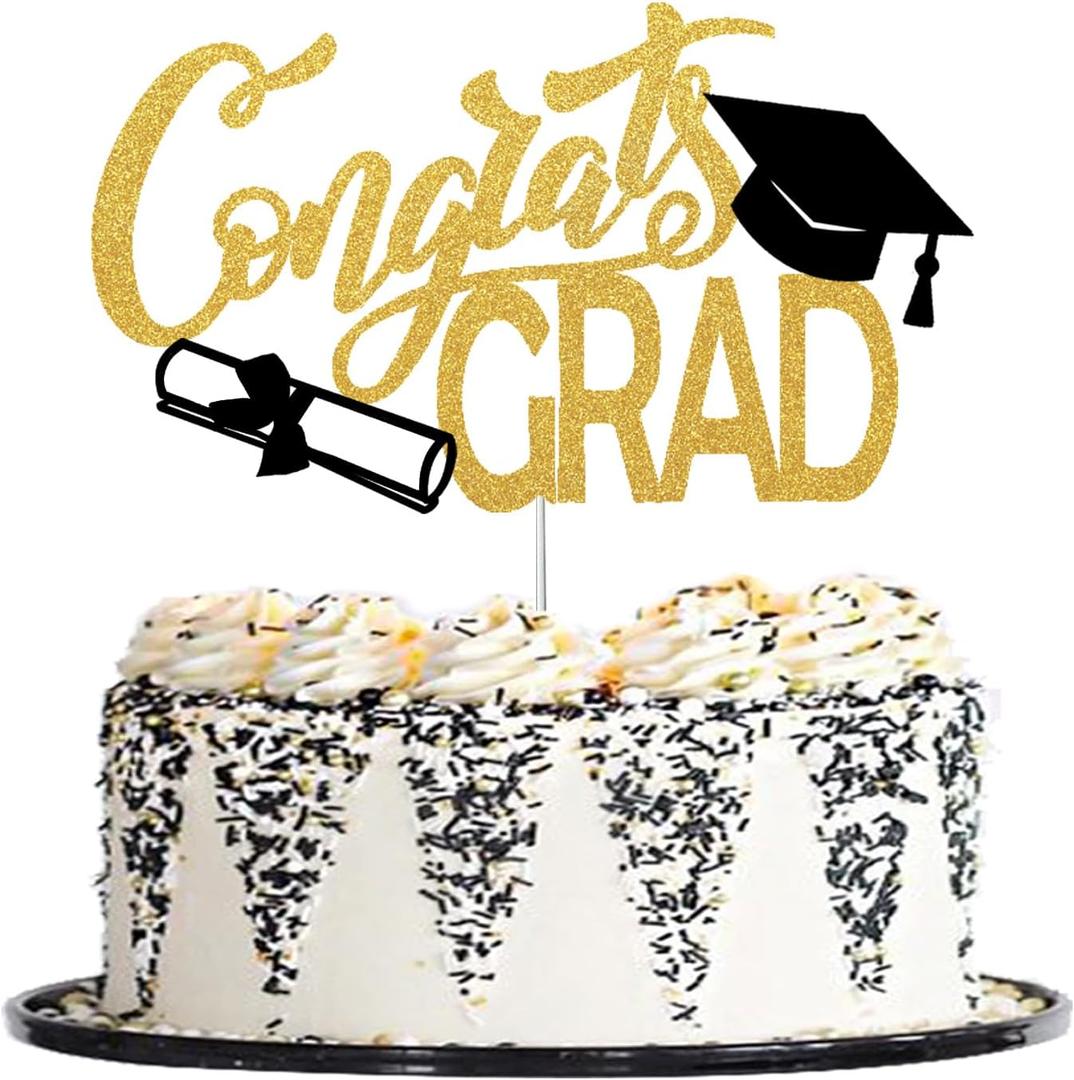 JOJO FLY Gold and Black Congrats Grad Cake Topper, Graduation Party Supplies, Graduation Decorations 2026