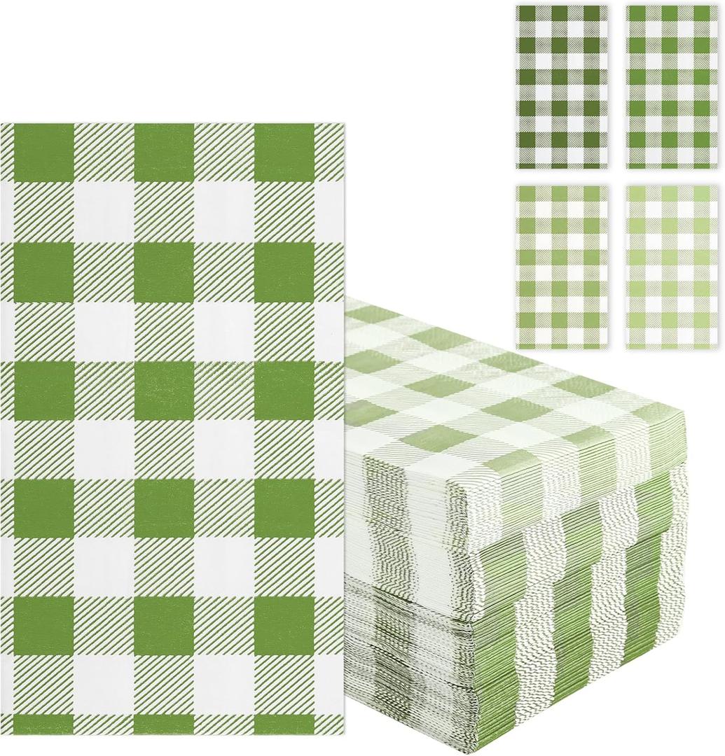 Green Gingham Napkins Disposable Rectangle: 100PCS Checkered Paper 15.7x11.8 Inch for Dinner Party