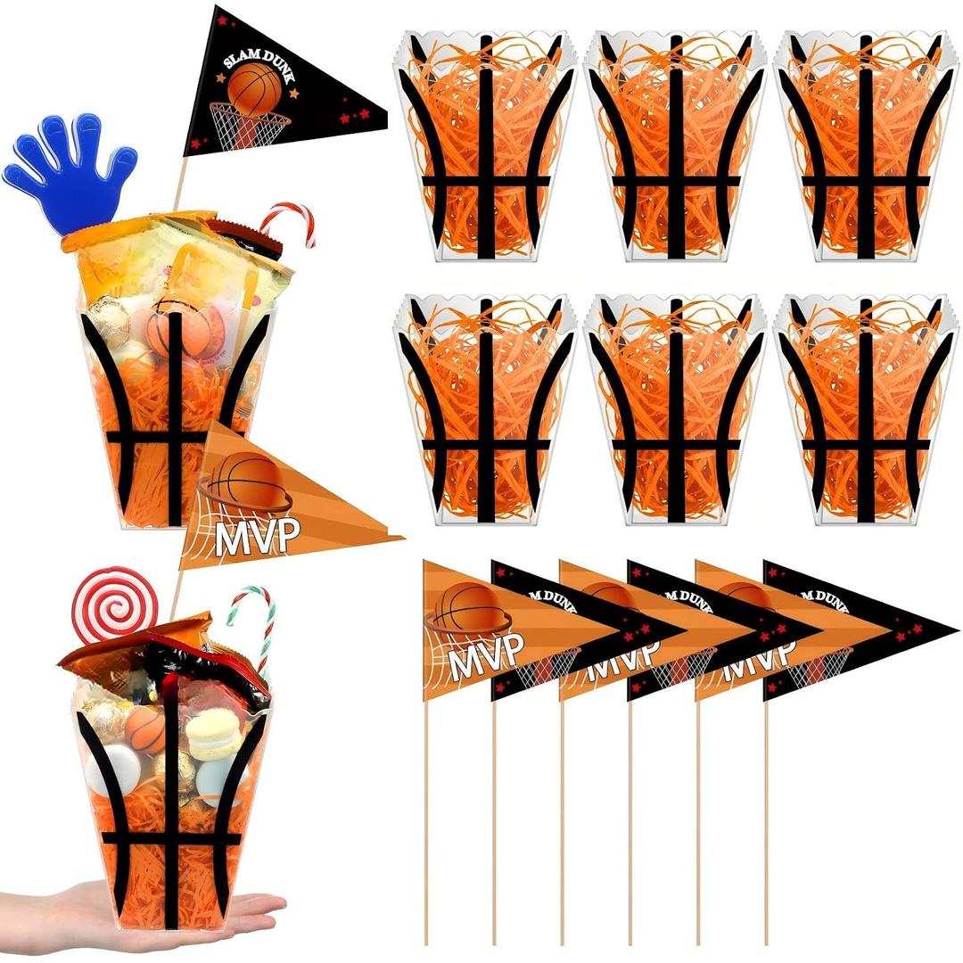 8 Sets Plastic Basketball Popcorn Boxes with Pennant Flags 5"x 6.3" Senior Night Basketball Party Decorations Concession Stand Supplies Team Gift Basket for Sport Party Favors Birthday Supplies (EXP 12/29/29)