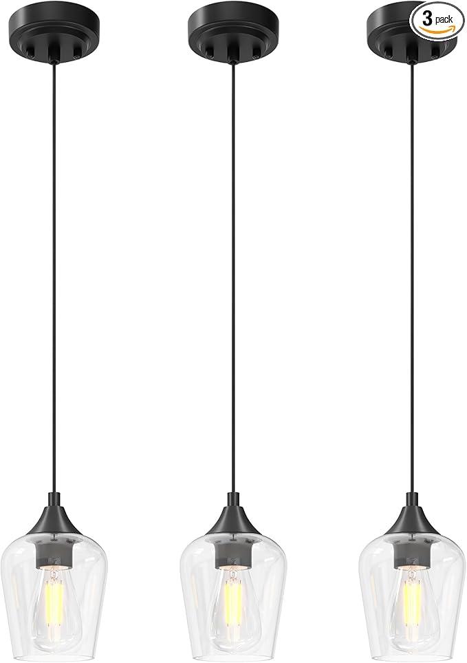 VONLUCE Pendant Lights Kitchen Island, Matte Black Pendant Light Fixtures with E26 Base & Adjustable Cable, Modern Pendant Lighting with Glass Shade for Living Room Bedroom Hallway, 3 Packs