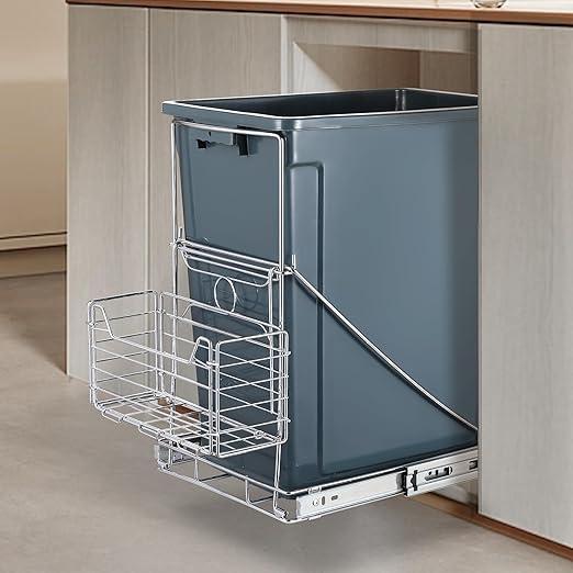 Stainless Steel Pull Out Trash Can with Removable Basket, Cabinet Trash Can Pull Out Kit, Adjustable Under Sink Slide Out Shelf Fits 7-11 Gallon Bins (Silver, Trash Can Not Included) 31 x 11 - Silver
