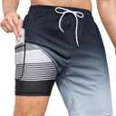 SILKWORLD Mens Swimming Trunks with Compression Liner 2 in 1 Quick-Dry 9" Swim Shorts with Zipper Pockets (Medium, Gradient-Black Grey)