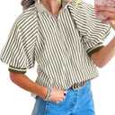 Womens Short Lantern Sleeve Top Half Zip Ribbed Knit Collared Striped Shirts (Beige, L)