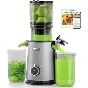 Cold Press Juicer, ECOSELF Juicer Machines with Large Feed Chute Fit Whole Fruits & Vegetables, Self Feeding for Juice Extractor Machine, Easy to Clean and Assemble, High Juice Yield (Light Gray)