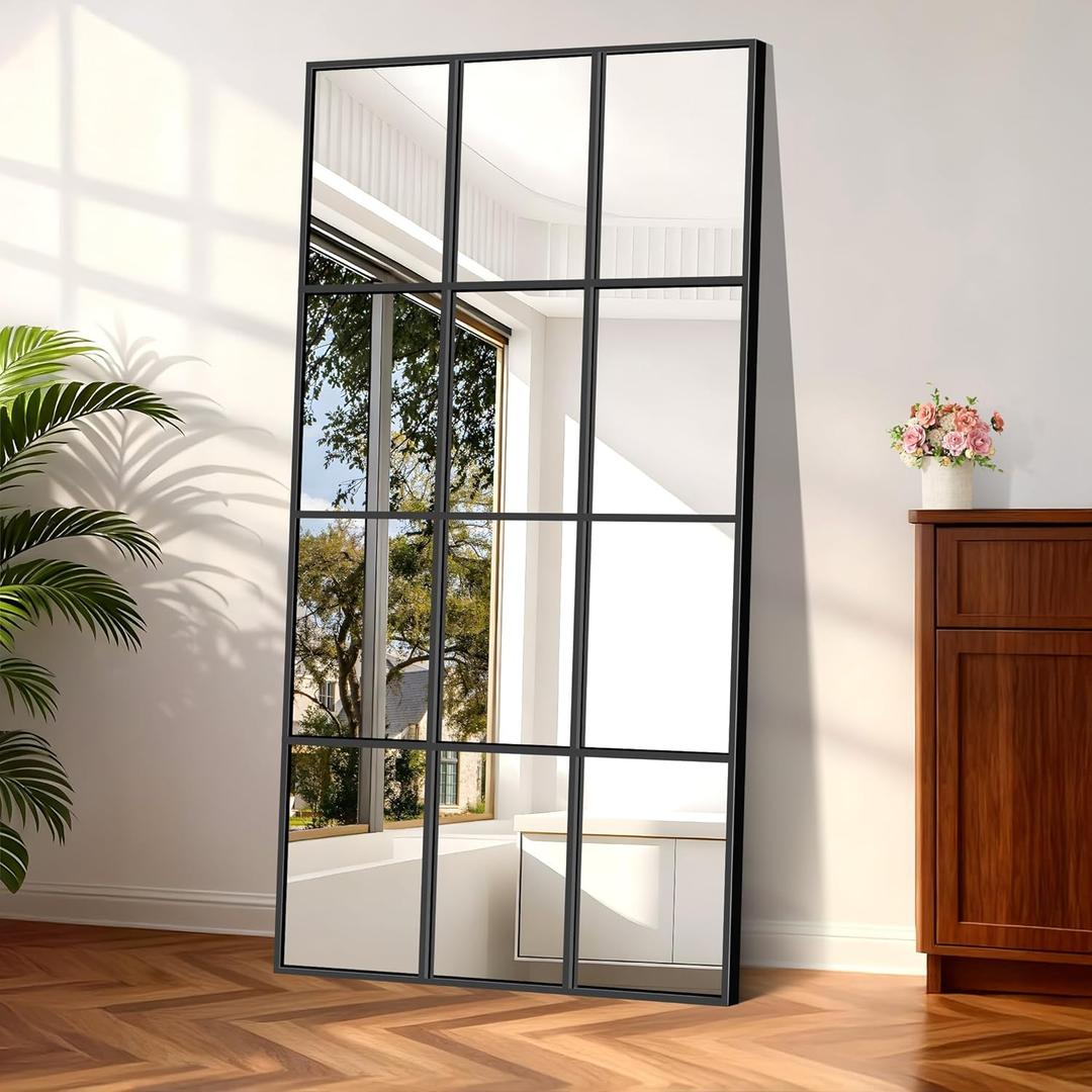 YIROMAN Window Pane Mirror, 30x60 Inch Black Rectangular Decorative Wall Mirror, Large Window Metal Framed Mirrors for Bedroom Living Room Fireplace Entryway, Hanging or Leaning Against Wall
