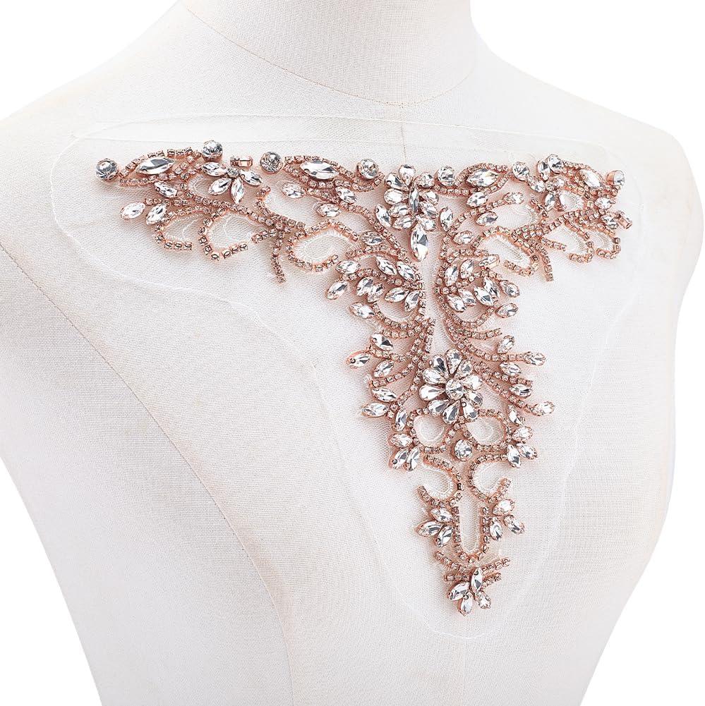 FINGERINSPIRE 1PC Sparkling Rhinestone Appliques Handmade Rhinestones Lace Applique Flower Beaded Embroidery Sew On Patches Rhinestone Applique Crystal Neckline Collar Patches for Wedding Dress Cloth