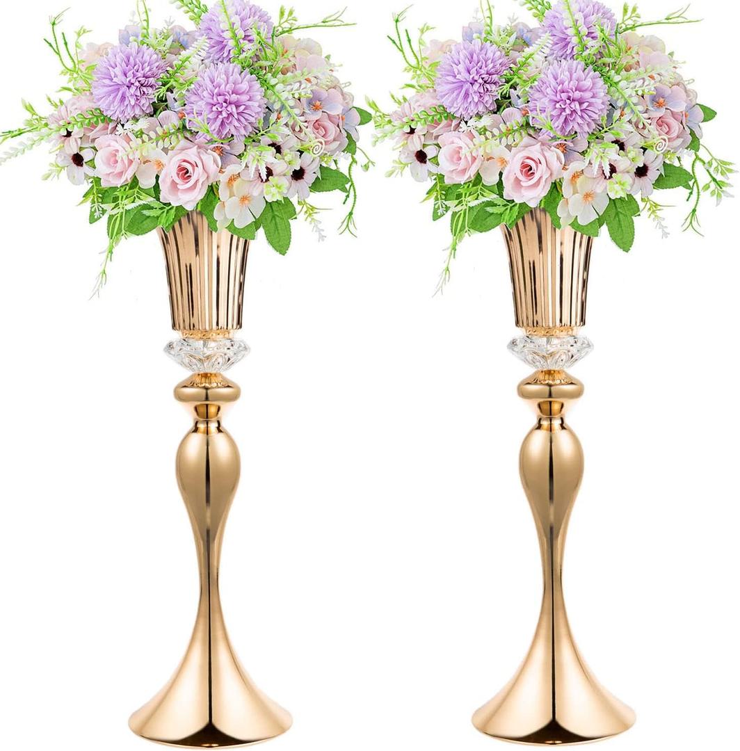 22in Gold Vases for Centerpieces, 2Pcs Metal Tall Trumpet Vases Wedding Reception Centerpieces, Crystal Flower Vase for Table Wedding Party Event Home Decor