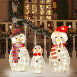 Joliyoou Christmas Yard Decoration, Set of 3 Pre-lit Snowman with 60 Warm White Lights, 2D Light Up Tinsel Snowman Family for Xmas Holiday Front Door Indoor Outdoor Decor