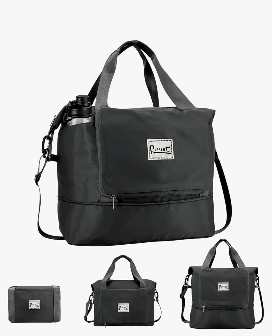 Foldable Travel Duffle Bag with Multiple Pockets, 40L Expandable Weekender Bag for Women, Overnight Carry On Gym Tote with Water Bottle Holder (Black)