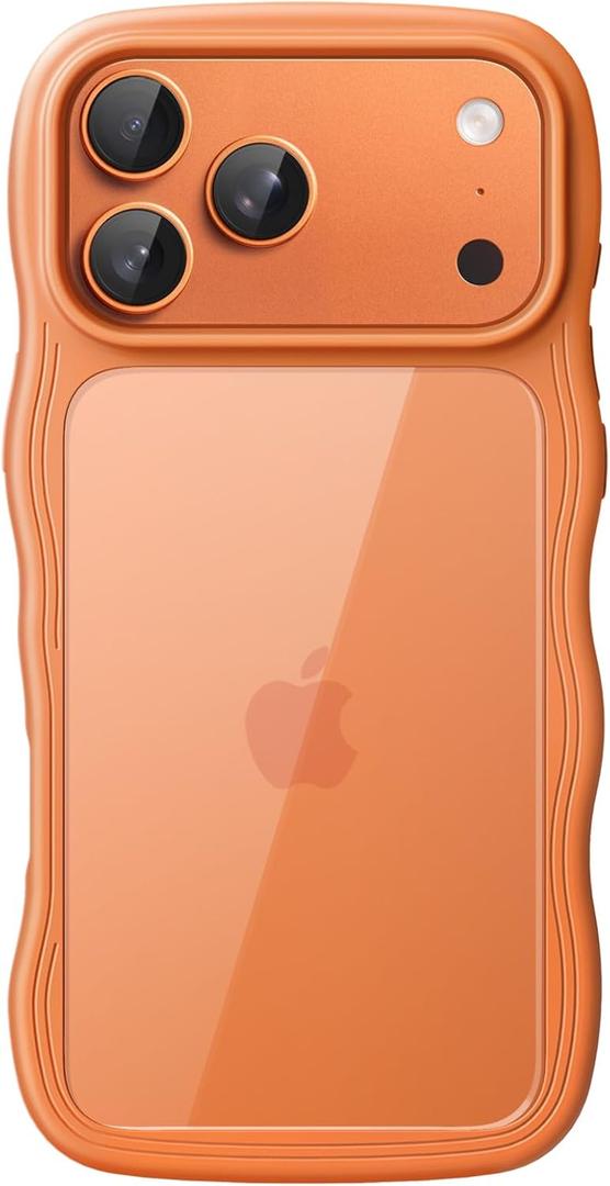 JETech Wavy Case for iPhone 17 Pro 6.3-Inch, Cute Wave Frame Curly Shape Shockproof Phone Cover for Women and Girls, Clear Hard PC Back (Orange)