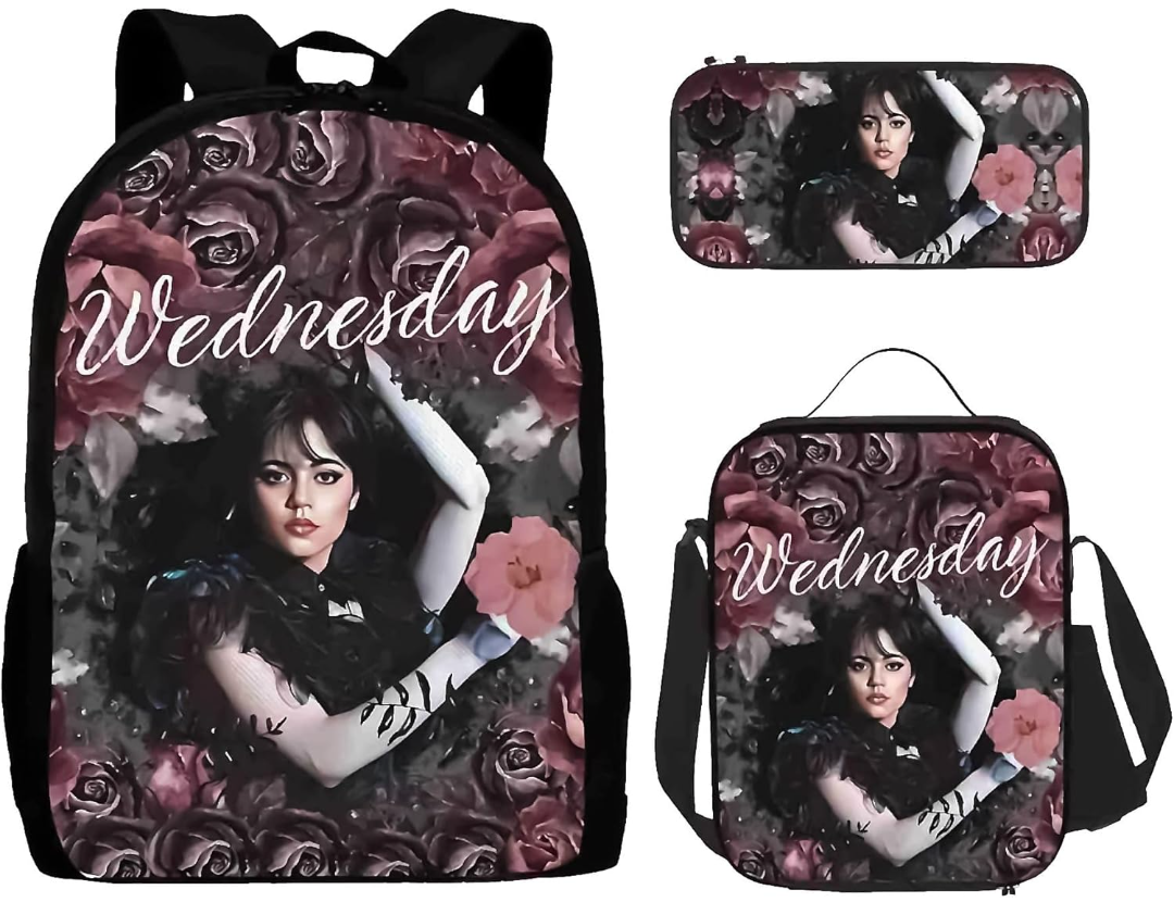 3pcs Girls Backpack with Insulated Lunch Bag Pencil Case For Girls Boys School Backpack Large Capacity Backpack Set (Wednesday)