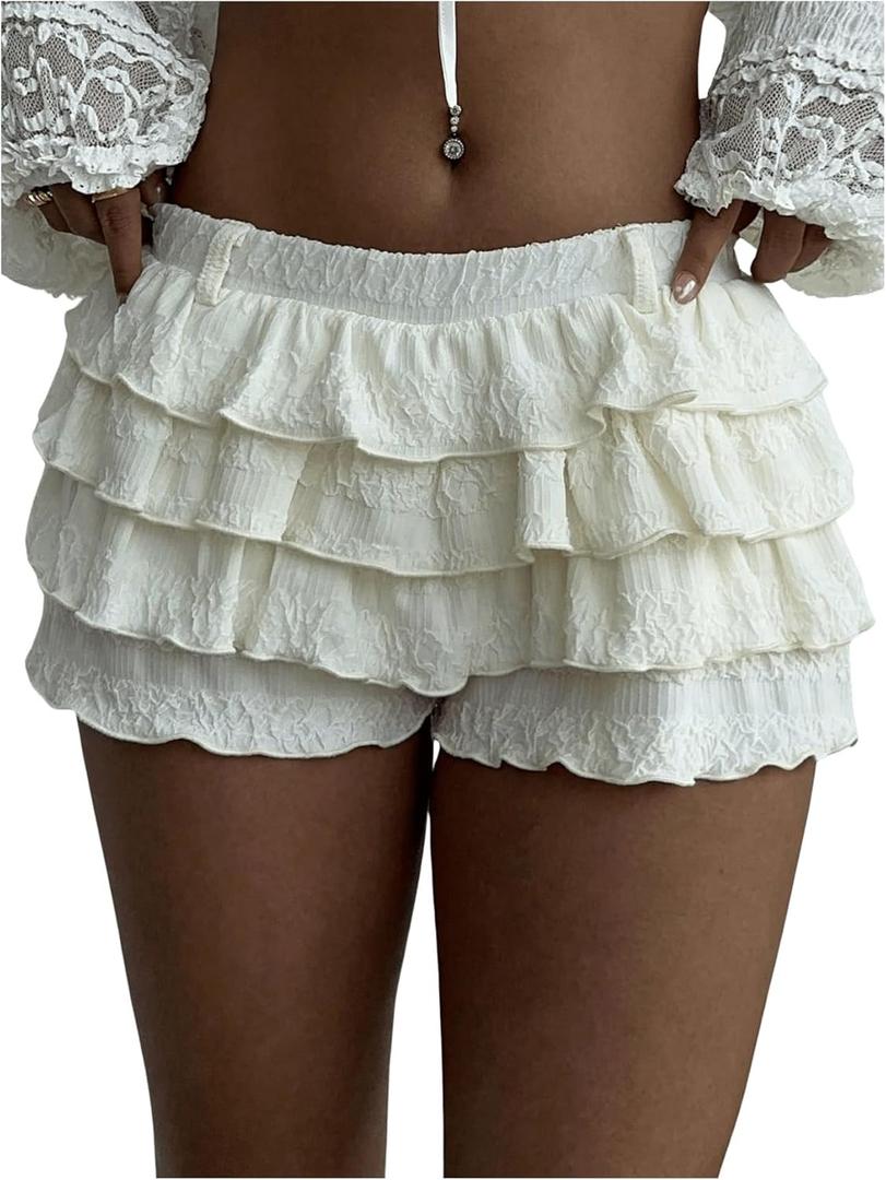 BEAUDRM Women's Y2k Ruffle Shorts Frilly Micro Short Texture Puffy Mini Shorts Low Rise Bloomers Party Club Boyshorts (Apricot, Large)