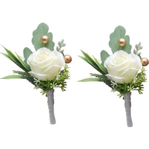 Jowxsx 2Pcs Roses Boutonniere for Men Wedding, Groom Groomsman Artificial White Rose Flowers with pins for Wedding Anniversary Celebration,Prom,Party,Home Decoration Artificial Flowers