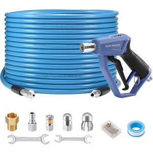 RIDGE WASHER Sewer Jetter Kit for Pressure Washer 100FT, 3600 PSI Drain Cleaning Hose with Short Pressure Washer Gun, 1/4 Inch NPT Corner, Rotating and Button Nose Sewer Jetting Nozzle
